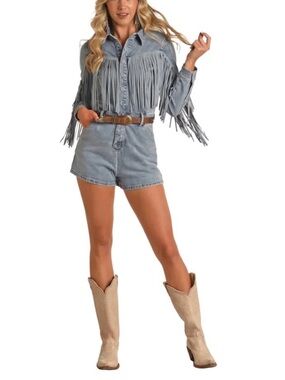 Fringed Light Blue Denim Romper with High Waist size med